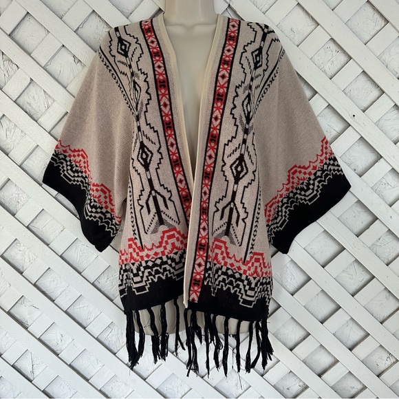 Jealous Tomato Tribal Fringe Poncho Cardigan Oversized Boxy Boho Small - Picture 1 of 10